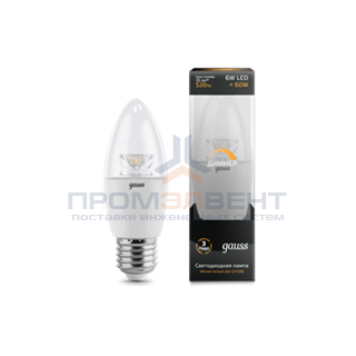 Лампа Gauss LED Candle-dim Crystal Clear E27 6W 2700К диммируемая 1/10/50