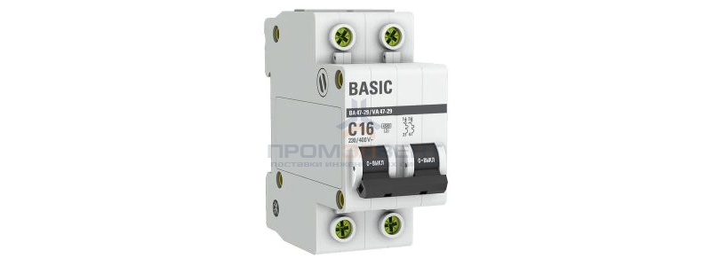 Автоматический выключатель EKF Basic ВА 47-29 2P 16А (C) 4,5кА (автомат электрический)