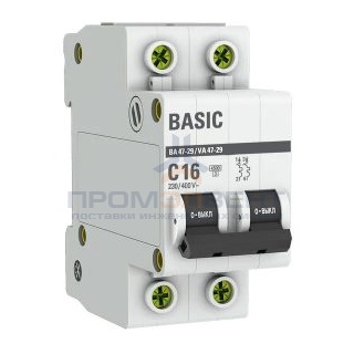 Автоматический выключатель EKF Basic ВА 47-29 2P 16А (C) 4,5кА (автомат электрический)