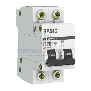 Автоматический выключатель EKF Basic ВА 47-29 2P 20А (C) 4,5кА (автомат электрический)