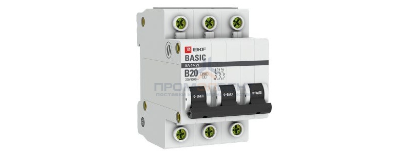 Автоматический выключатель EKF Basic ВА 47-29 3P 20А (B) 4,5кА (автомат электрический)