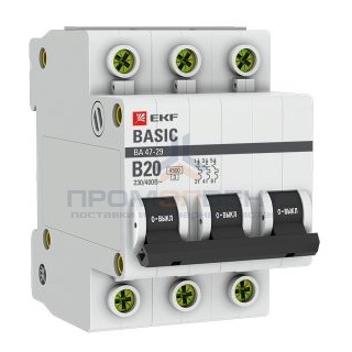 Автоматический выключатель EKF Basic ВА 47-29 3P 20А (B) 4,5кА (автомат электрический)