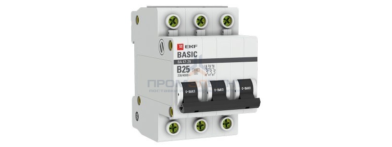 Автоматический выключатель EKF Basic ВА 47-29 3P 25А (B) 4,5кА (автомат электрический)