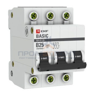 Автоматический выключатель EKF Basic ВА 47-29 3P 25А (B) 4,5кА (автомат электрический)